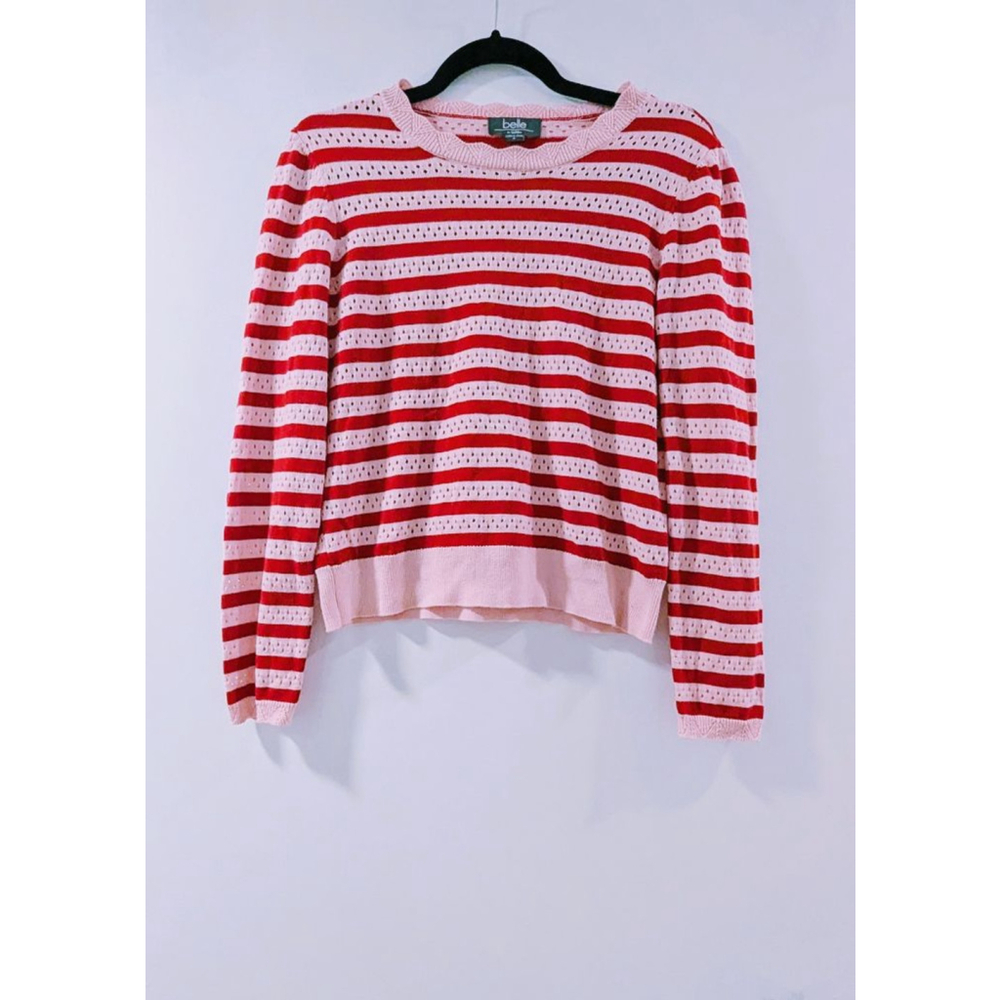 Belle by Belldini Red Pink Striped Knit Crew Neck Sweater M